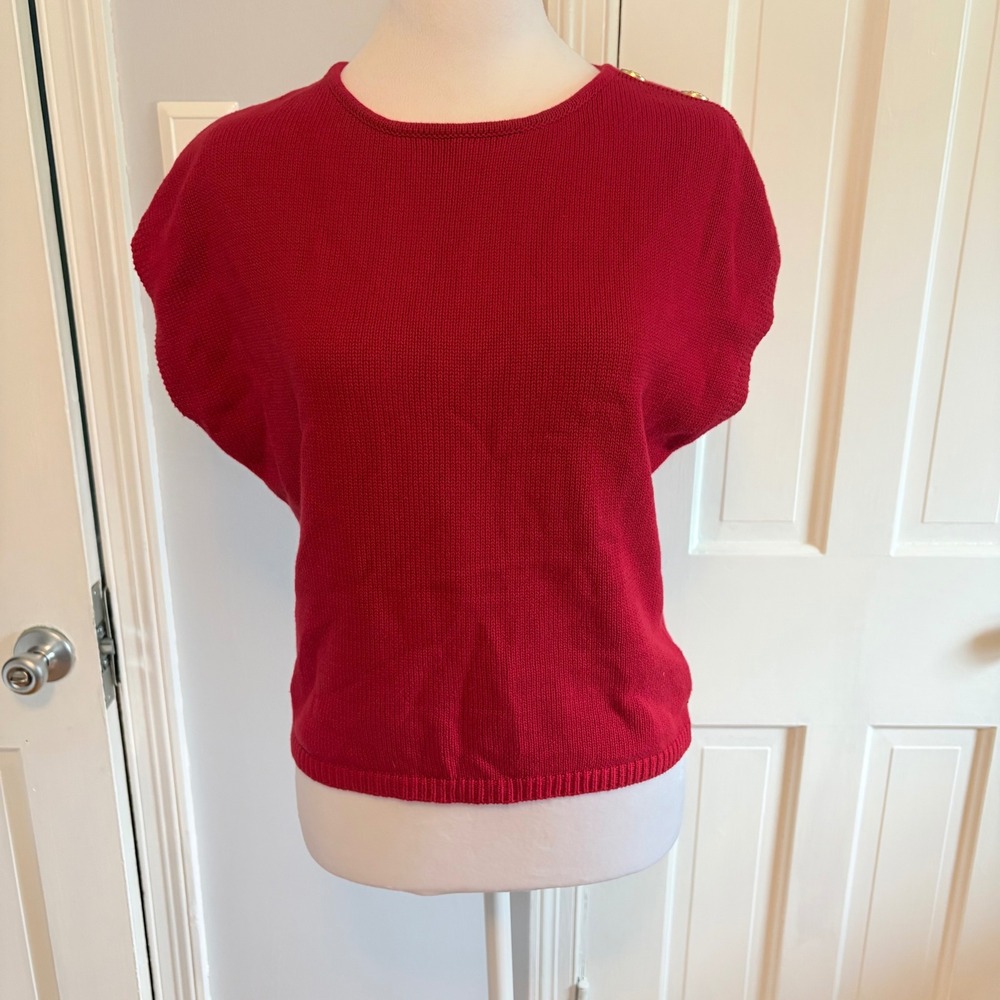 Rachel Zoe Womens Medium Sweater Vest Red Nautical Gold Button Shoulder Knit